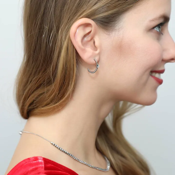 Earrings BERRICLE Bead Solitaire CZ Medium Hoop Earrings in Sterling Silver 075