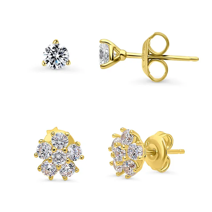 Earrings Flower CZ Stud Earrings in Gold Flashed Sterling Silver 2 Pairs BERRICLE Earrings Flower CZ Stud Earrings in Gold Flashed Sterling Silver 2 Pairs BERRICLE