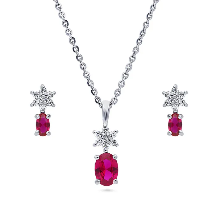 Earrings Flower Simulated Ruby CZ Set in Sterling Silver BERRICLE