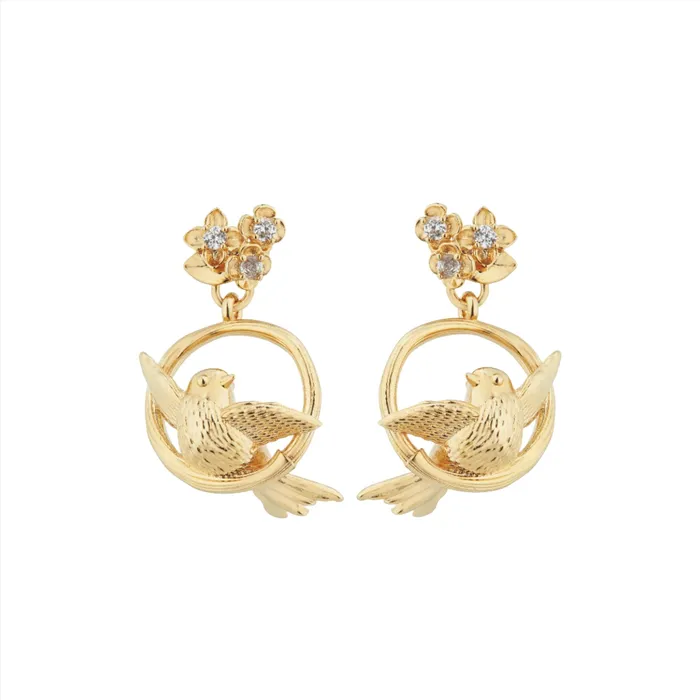 Earrings Les Nereides Les Nereides Bird Flower and Crsytal Dangling Post Earrings Earrings Les Nereides Les Nereides Bird Flower and Crsytal Dangling Post Earrings