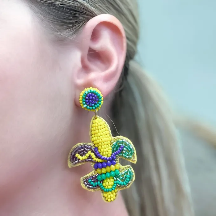 Earrings Mardi Gras Fleur De Lis Beaded Dangle Earrings Prep Obsessed TL