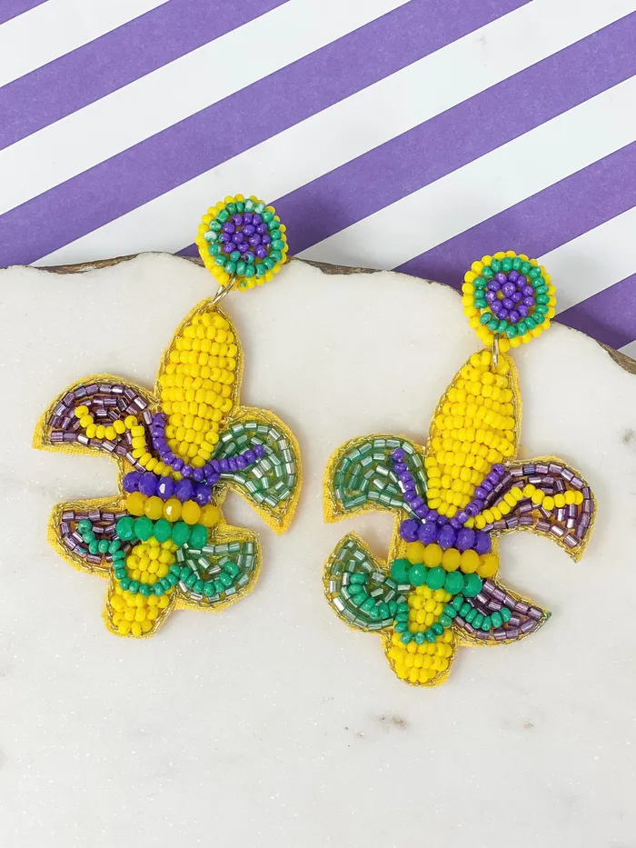 Earrings Mardi Gras Fleur De Lis Beaded Dangle Earrings Prep Obsessed TL