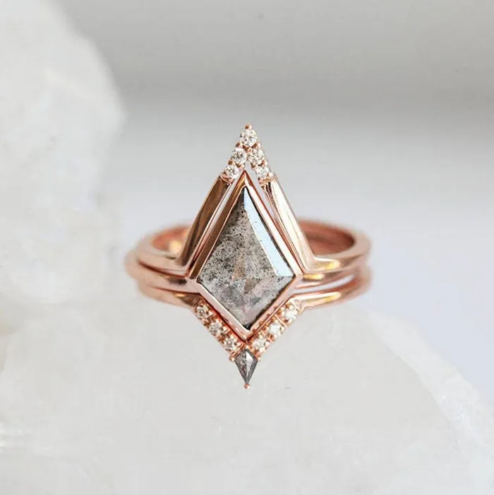 Geometric Salt And Pepper Diamond Engagement Ring Set Three Capucinne Rings