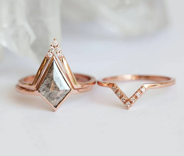 Geometric Salt And Pepper Diamond Engagement Ring Set Three Capucinne Rings