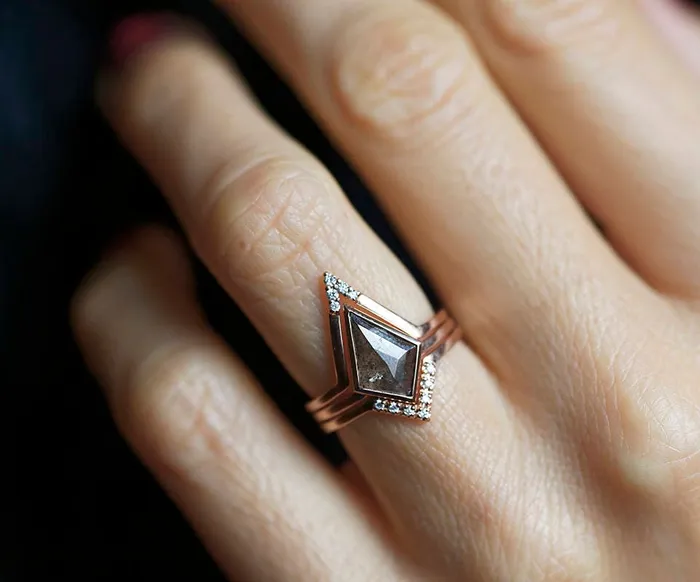 Geometric Salt And Pepper Diamond Engagement Ring Set Three Capucinne Rings