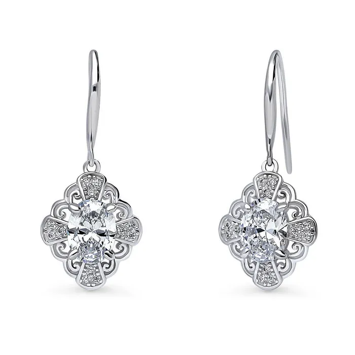 Halo Flower Oval CZ Fish Hook Earrings in Sterling Silver BERRICLE Earrings