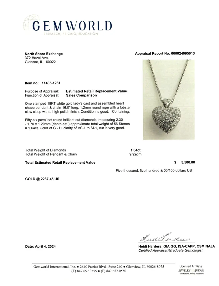 Jewelry Necklaces 18K White Gold 16 Necklace with Diamond Heart Pendant