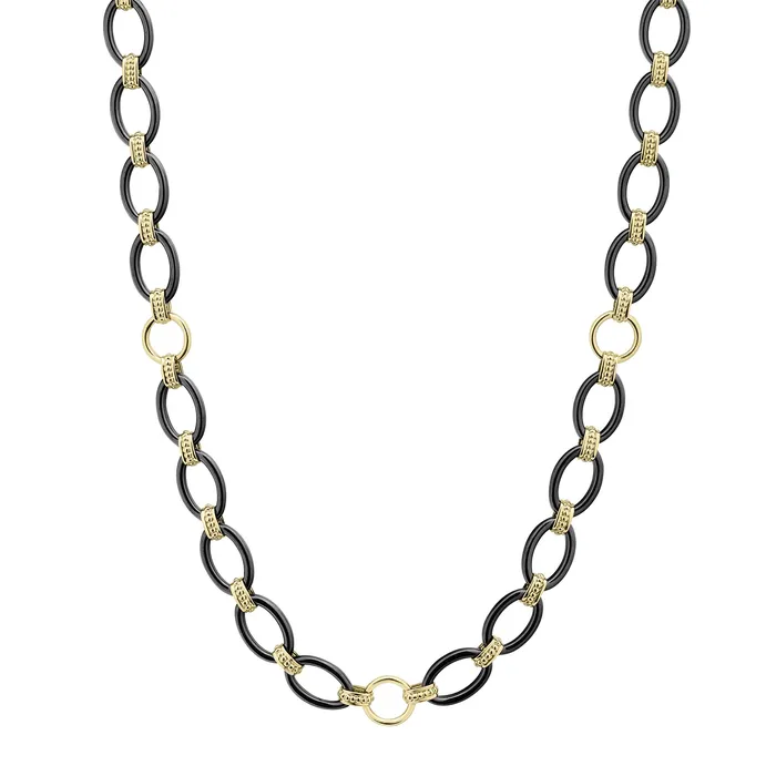Lagos Necklaces Meridian Long 18K Gold and Black Ceramic Link Necklace 24mm Lagos Necklaces Meridian Long 18K Gold and Black Ceramic Link Necklace 24mm