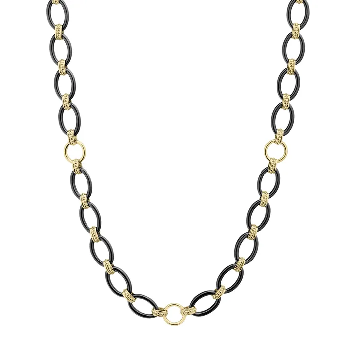 Lagos Necklaces Meridian Long 18K Gold and Black Ceramic Link Necklace 24mm Lagos Necklaces Meridian Long 18K Gold and Black Ceramic Link Necklace 24mm
