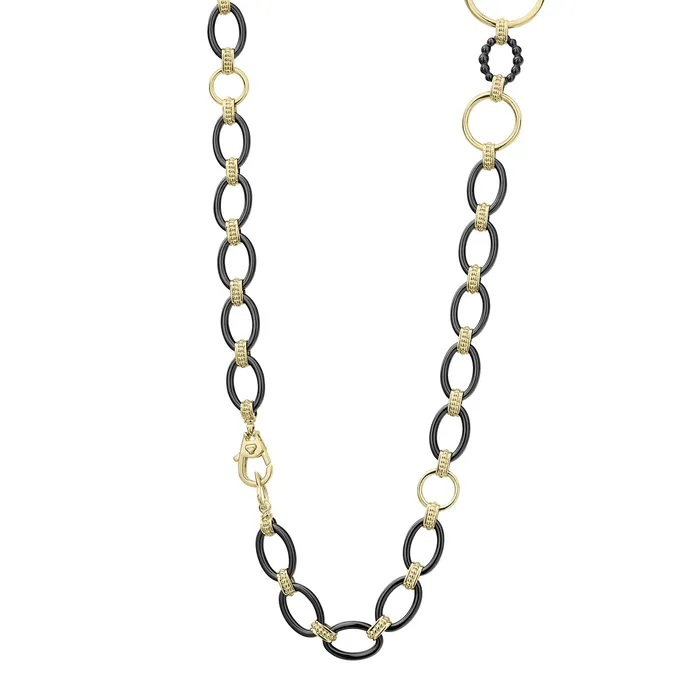 Lagos Necklaces Meridian Long 18K Gold and Black Ceramic Link Necklace 24mm Lagos Necklaces Meridian Long 18K Gold and Black Ceramic Link Necklace 24mm