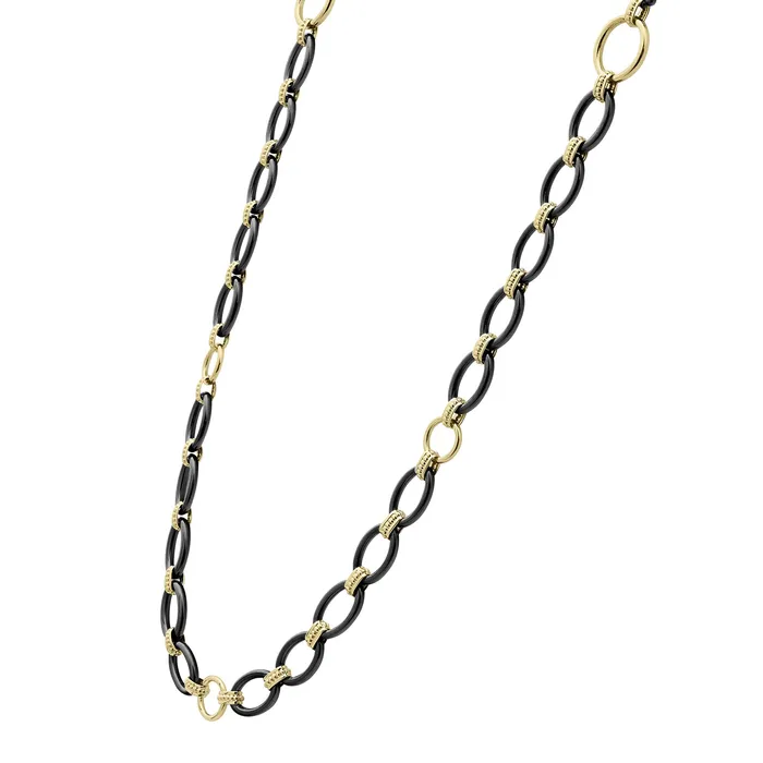 Lagos Necklaces Meridian Long 18K Gold and Black Ceramic Link Necklace 24mm Lagos Necklaces Meridian Long 18K Gold and Black Ceramic Link Necklace 24mm