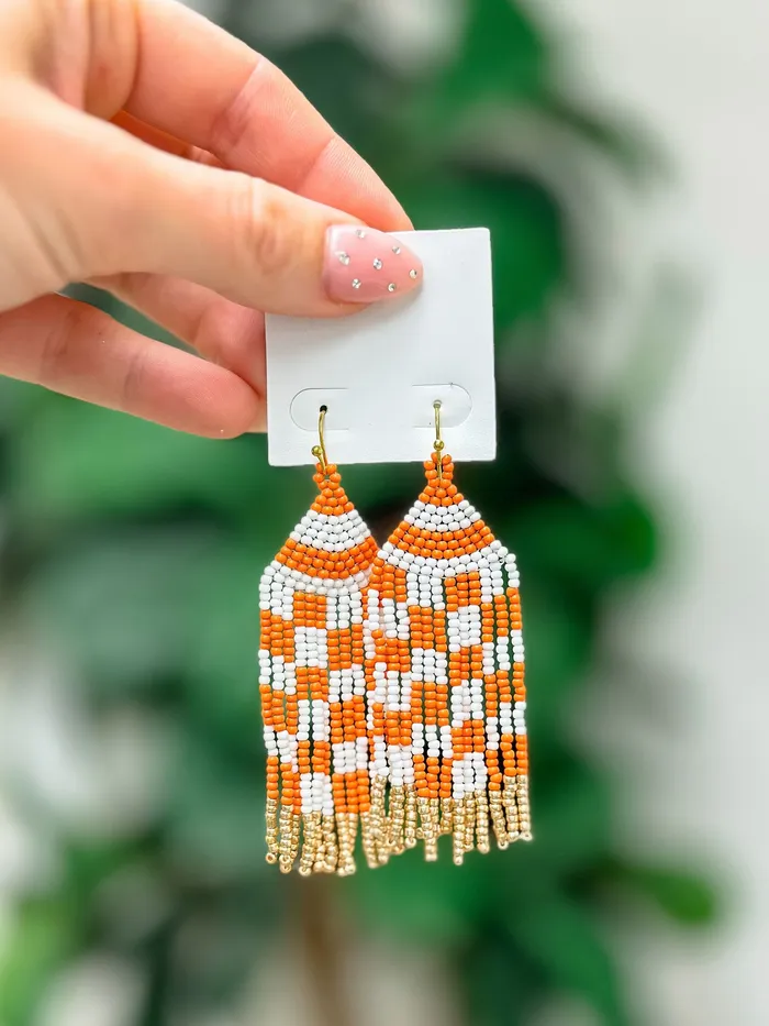 Prep Obsessed Earrings Game Day Seed Bead Fringe Dangle Earrings Orange White Prep Obsessed Earrings Game Day Seed Bead Fringe Dangle Earrings Orange White