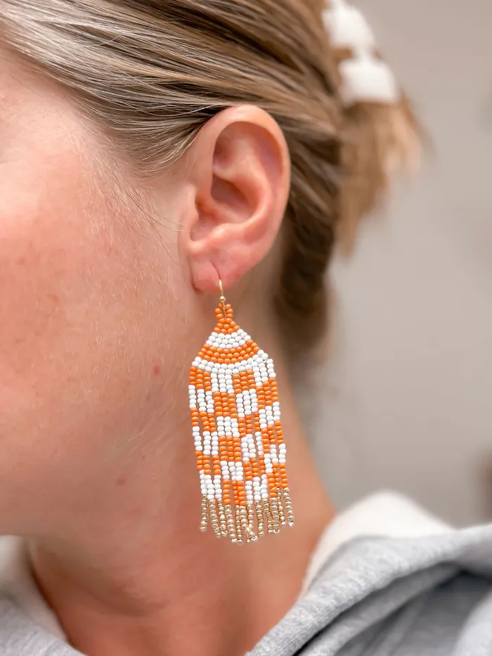 Prep Obsessed Earrings Game Day Seed Bead Fringe Dangle Earrings Orange White