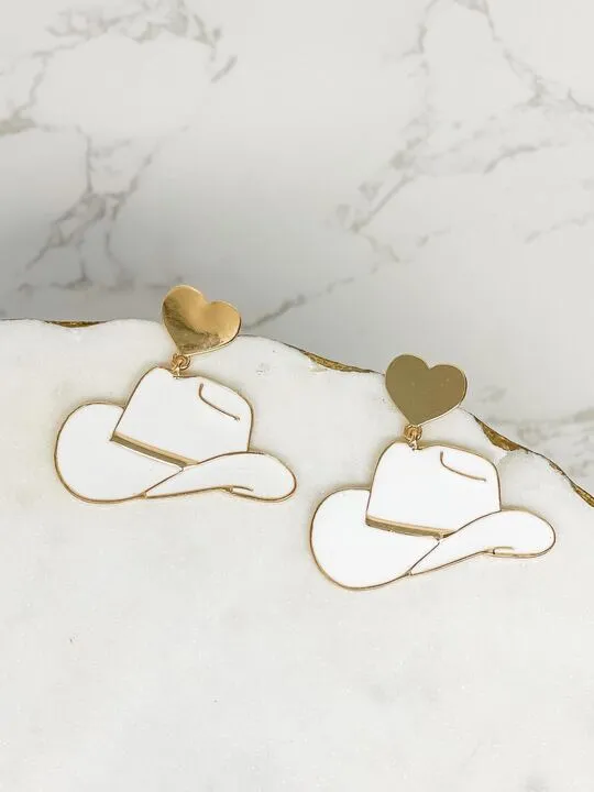 Prep Obsessed PR Earrings Heart Cowboy Hat Enamel Dangle Earrings White