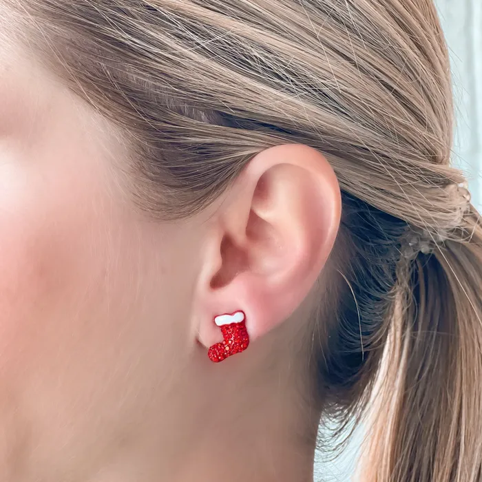 Prep Obsessed TI Earrings Pave Red Stocking Stud Earrings