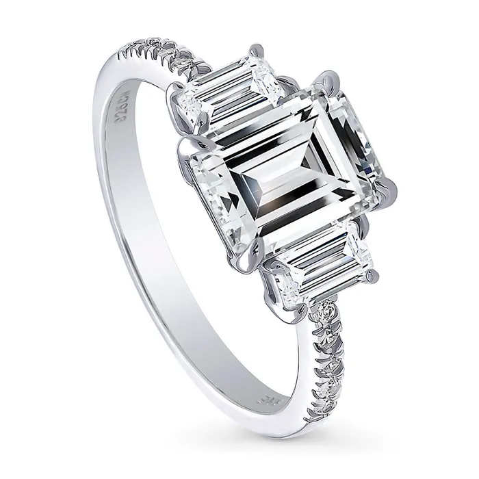 Rings BERRICLE 3Stone 21ct Emerald Cut CZ Ring in Sterling Silver