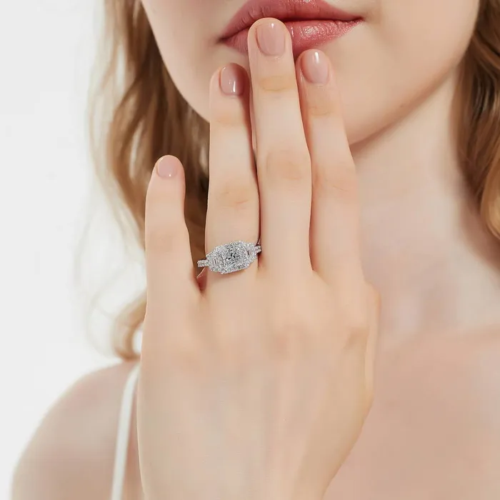 Rings BERRICLE Halo 3Stone 12ct Princess CZ Ring in Sterling Silver