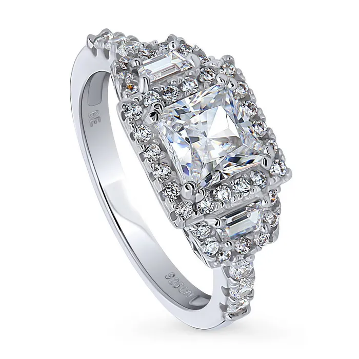 Rings BERRICLE Halo 3Stone 12ct Princess CZ Ring in Sterling Silver