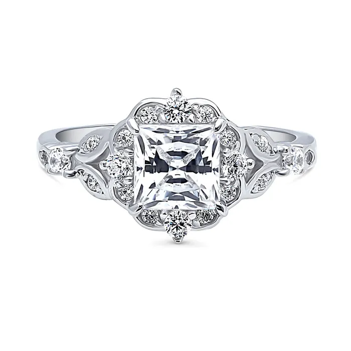 Rings BERRICLE Halo Art Deco Princess CZ Ring in Sterling Silver