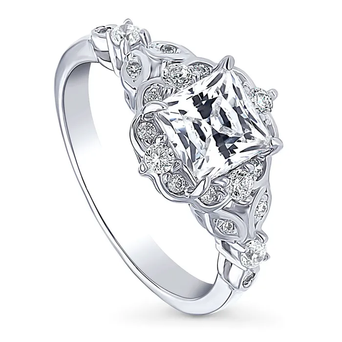 Rings BERRICLE Halo Art Deco Princess CZ Ring in Sterling Silver