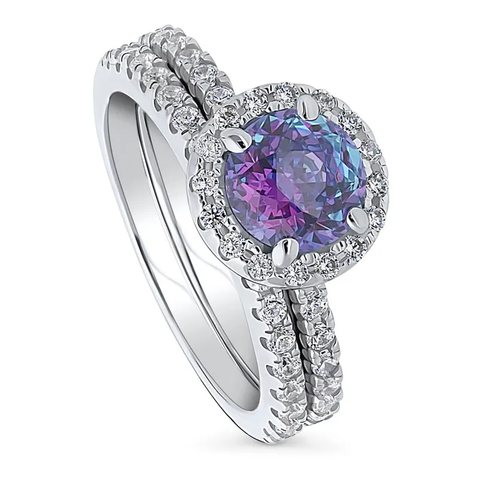 Rings BERRICLE Halo Kaleidoscope Purple Aqua CZ Ring Set in Sterling Silver