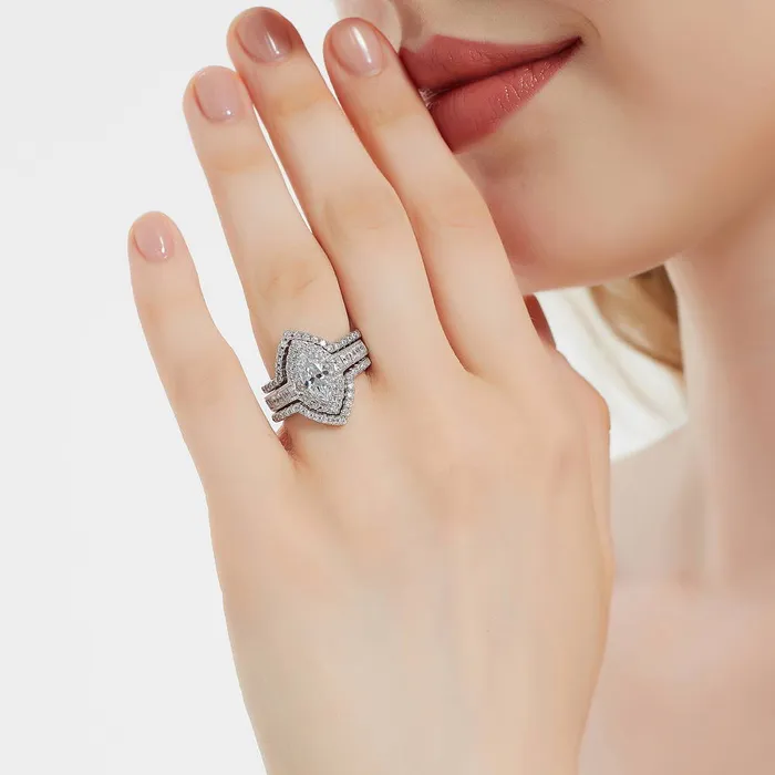 Rings BERRICLE Halo Wishbone Marquise CZ Ring Set in Sterling Silver