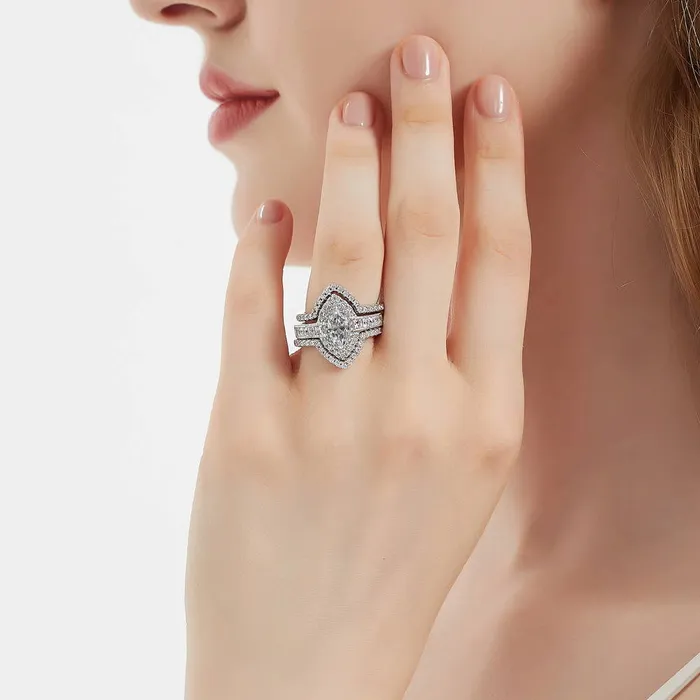 Rings BERRICLE Halo Wishbone Marquise CZ Ring Set in Sterling Silver