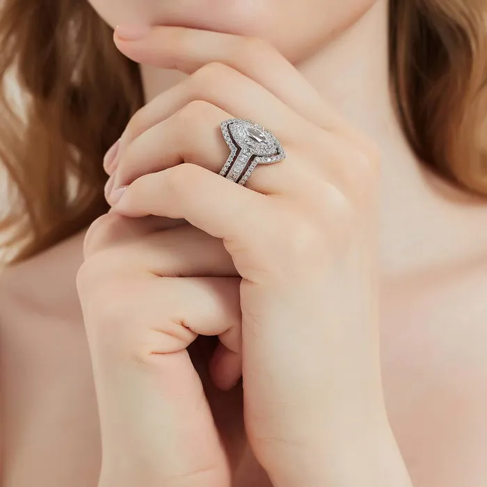 Rings BERRICLE Halo Wishbone Marquise CZ Ring Set in Sterling Silver
