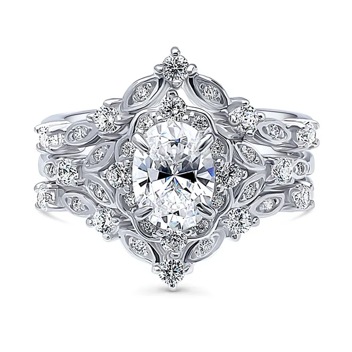 Rings BERRICLE Halo Wishbone Oval CZ Ring Set in Sterling Silver