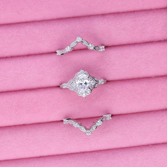 Rings BERRICLE Halo Wishbone Oval CZ Ring Set in Sterling Silver
