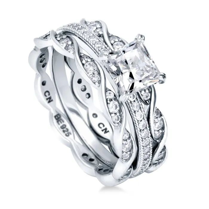 Rings BERRICLE Solitaire Woven 1ct Princess CZ Ring Set in Sterling Silver