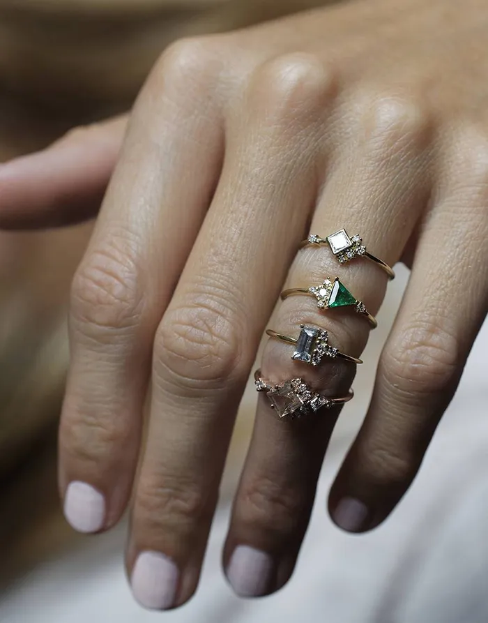 Rings Capucinne Lena Triangle Emerald Diamond Cluster Ring Ready to Ship
