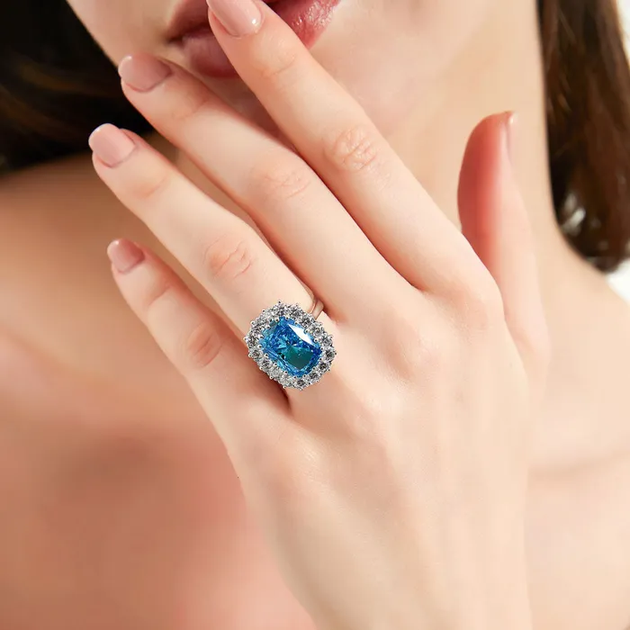 Rings Halo Blue Cushion CZ Ring in Sterling Silver BERRICLE