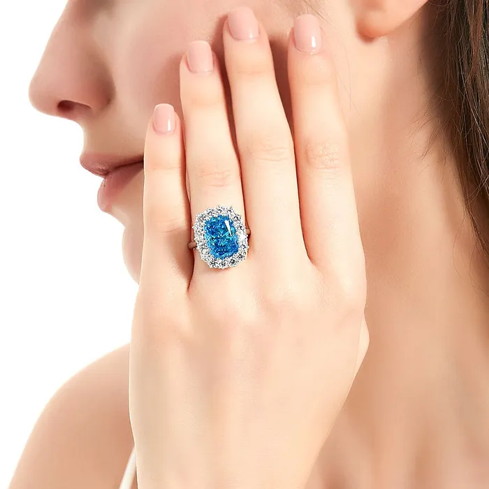Rings Halo Blue Cushion CZ Ring in Sterling Silver BERRICLE