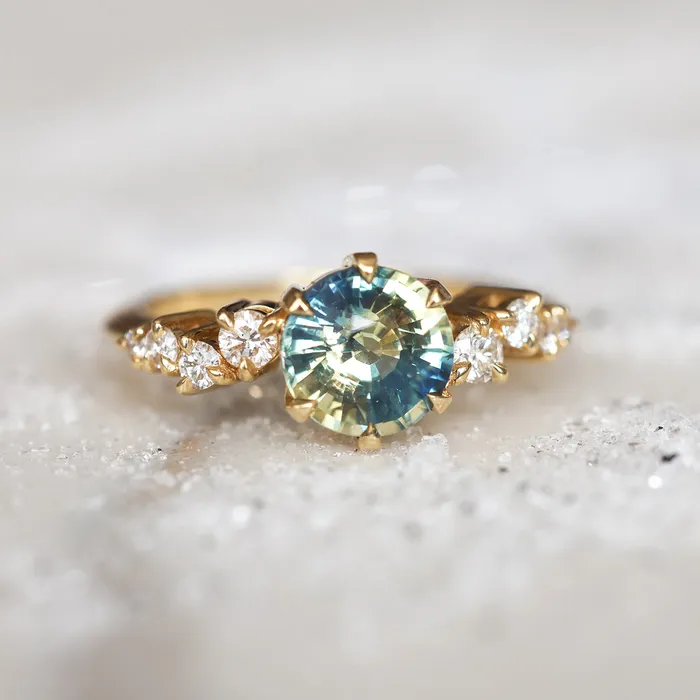 Round bicolor sapphire and diamond cluster ring Ready to Ship Capucinne Rings