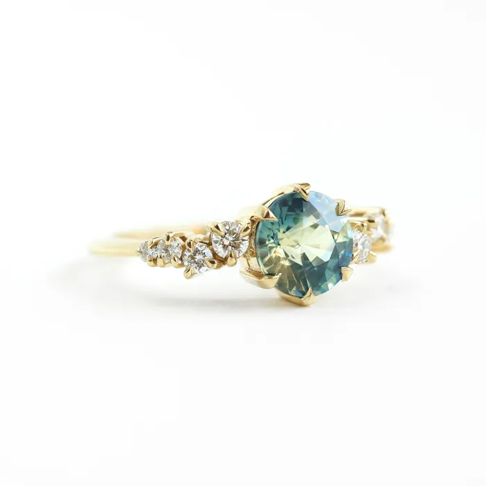 Round bicolor sapphire and diamond cluster ring Ready to Ship Capucinne Rings