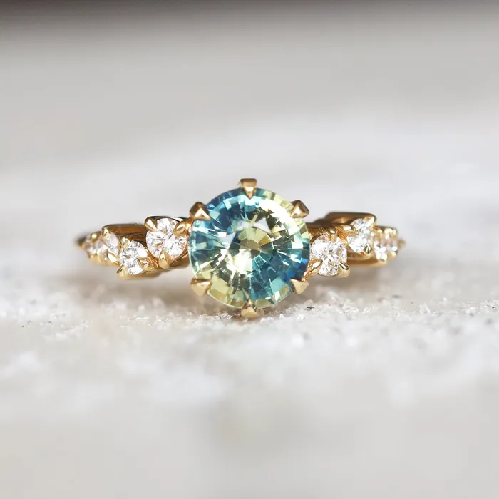 Round bicolor sapphire and diamond cluster ring Ready to Ship Capucinne Rings