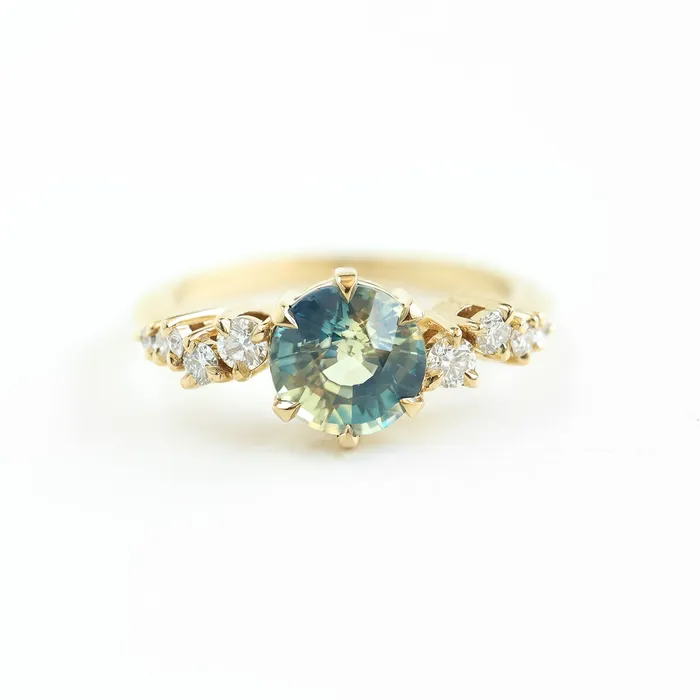 Round bicolor sapphire and diamond cluster ring Ready to Ship Capucinne Rings