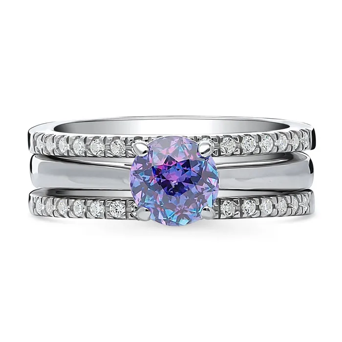 Solitaire Kaleidoscope Purple Aqua CZ Ring Set in Sterling Silver BERRICLE Rings