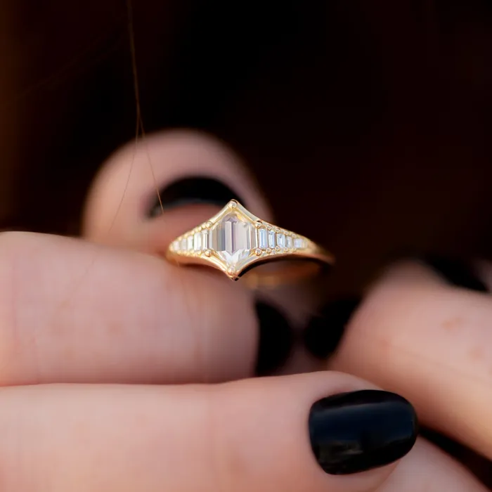 ARTEMER Rings Art Deco Inspired Engagement Ring with One of a Kind step cut Diamond