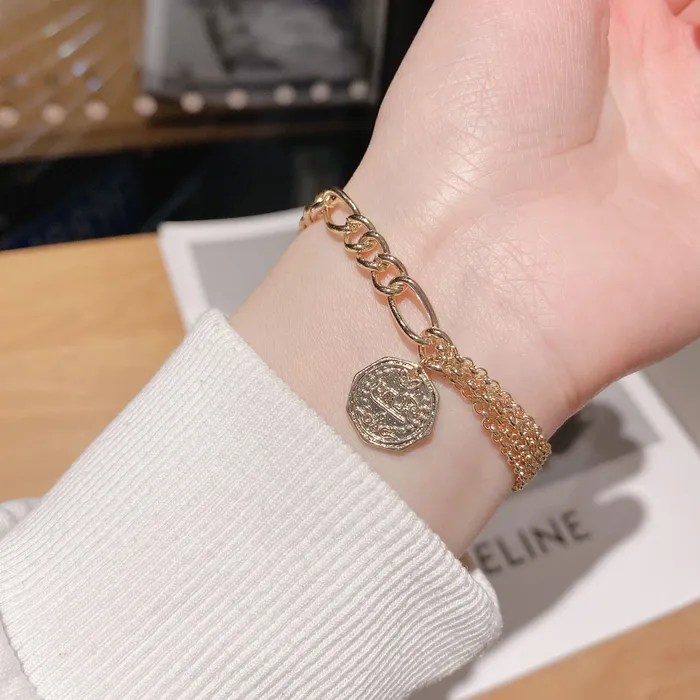 Bracelets Refined by AnnaKaci Asymmetrical Gold Chain Bracelet with Coin