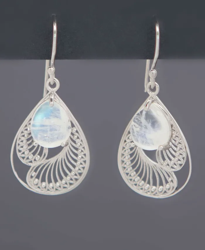 Earrings Buddha Groove Sterling Silver Rainbow Moonstone Earrings in Feather Design Earrings Buddha Groove Sterling Silver Rainbow Moonstone Earrings in Feather Design