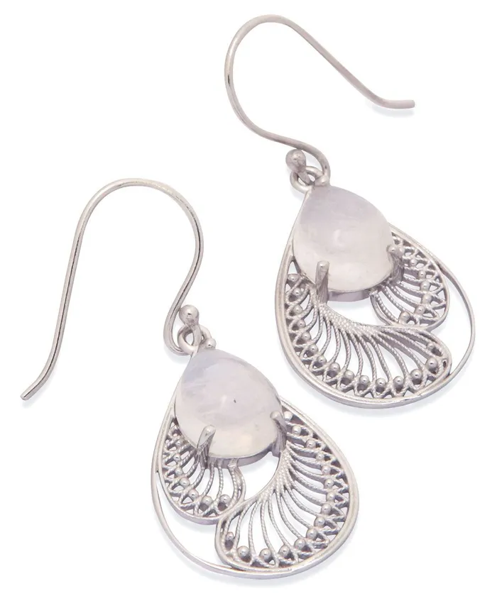 Earrings Buddha Groove Sterling Silver Rainbow Moonstone Earrings in Feather Design