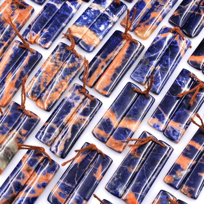 Earrings Drilled Natural Orange Sodalite Rectangle Earring Pair Matched Gemstone Bead Pair Natural Vibrant Blue Orange Stone Intrinsic Trading