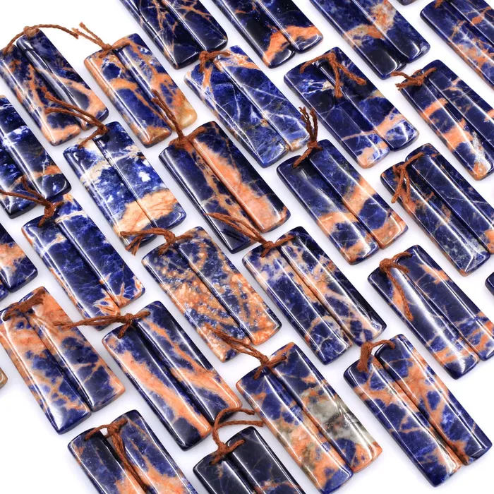 Earrings Drilled Natural Orange Sodalite Rectangle Earring Pair Matched Gemstone Bead Pair Natural Vibrant Blue Orange Stone Intrinsic Trading