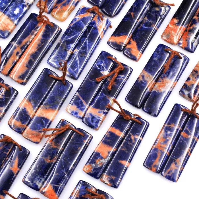 Earrings Drilled Natural Orange Sodalite Rectangle Earring Pair Matched Gemstone Bead Pair Natural Vibrant Blue Orange Stone Intrinsic Trading