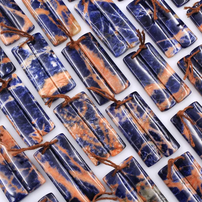 Earrings Drilled Natural Orange Sodalite Rectangle Earring Pair Matched Gemstone Bead Pair Natural Vibrant Blue Orange Stone Intrinsic Trading