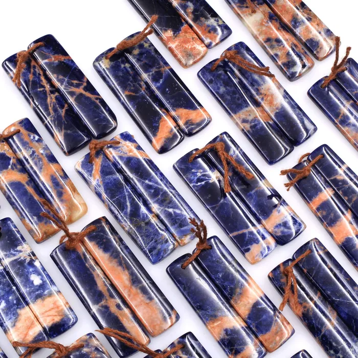 Earrings Drilled Natural Orange Sodalite Rectangle Earring Pair Matched Gemstone Bead Pair Natural Vibrant Blue Orange Stone Intrinsic Trading
