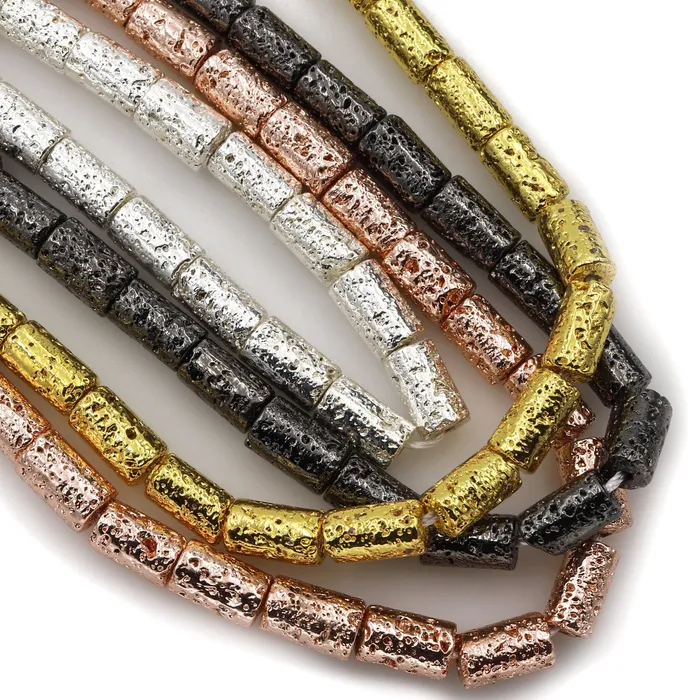 Earrings Intrinsic Trading Titanium Lava Tube Cylinder Bead 10x6mm Natural Volcanic Rock Stone Metallic Gold Silver Black Gunmetal Rose Gold Electroplated 16 Strand