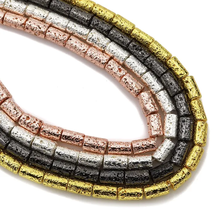 Earrings Intrinsic Trading Titanium Lava Tube Cylinder Bead 10x6mm Natural Volcanic Rock Stone Metallic Gold Silver Black Gunmetal Rose Gold Electroplated 16 Strand